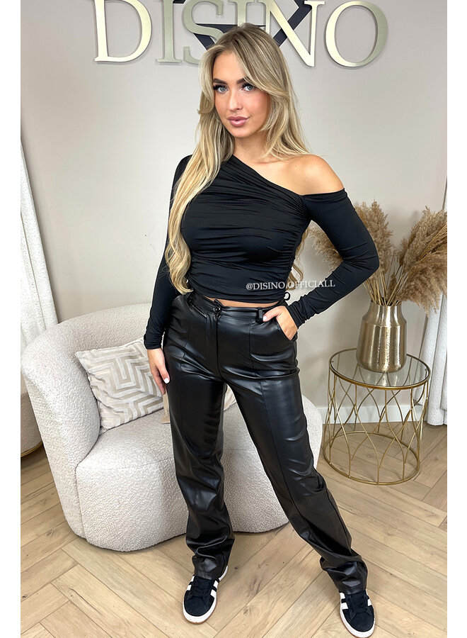 BLACK - 'NAISHA TOP' - OPEN SHOULDER RUCHED TOP