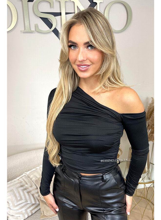 BLACK - 'NAISHA TOP' - OPEN SHOULDER RUCHED TOP