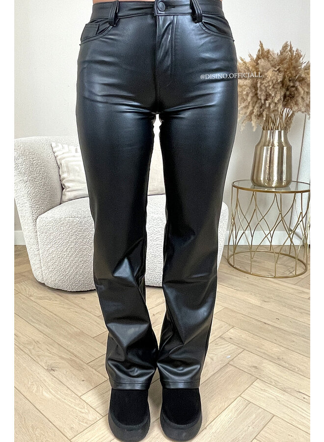 BLACK - 'LEAH' - STRETCH VEGAN LEATHER WIDE LEG JEANS - 9213