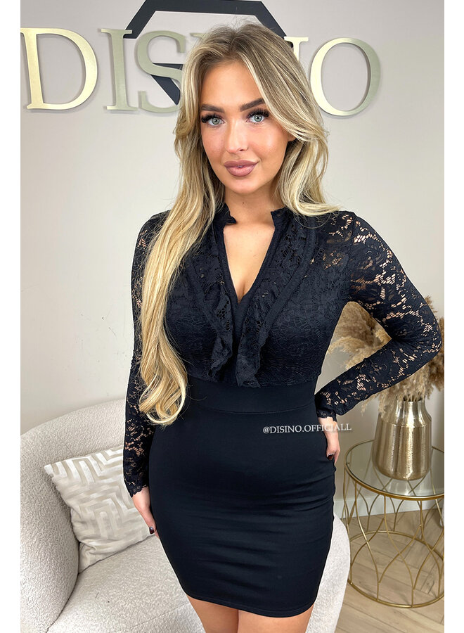 BLACK - 'VALENTINA DRESS' - LACE LONG SLEEVE BODYCON DRESS