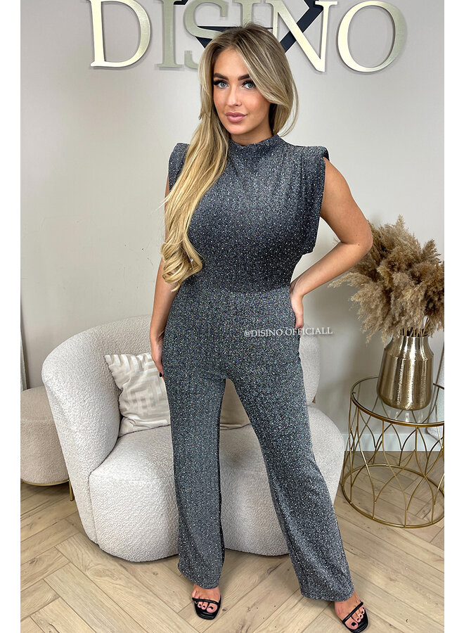 SILVER - 'ISABELLA SPARKLE JUMPSUIT' - SUPER STRETCH PUFF SHOULDER JUMPSUIT