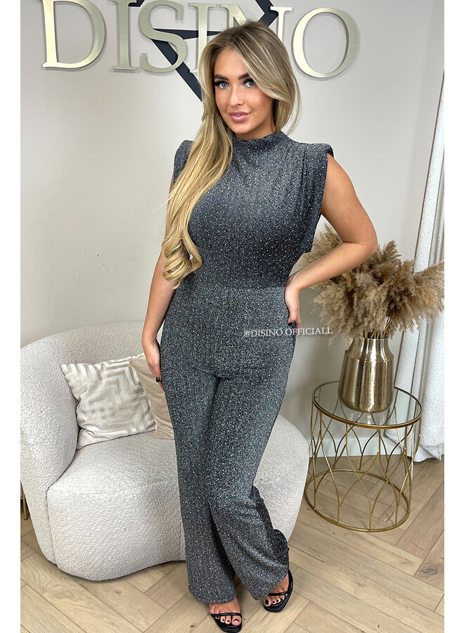 SILVER - 'ISABELLA SPARKLE JUMPSUIT' - SUPER STRETCH PUFF SHOULDER JUMPSUIT