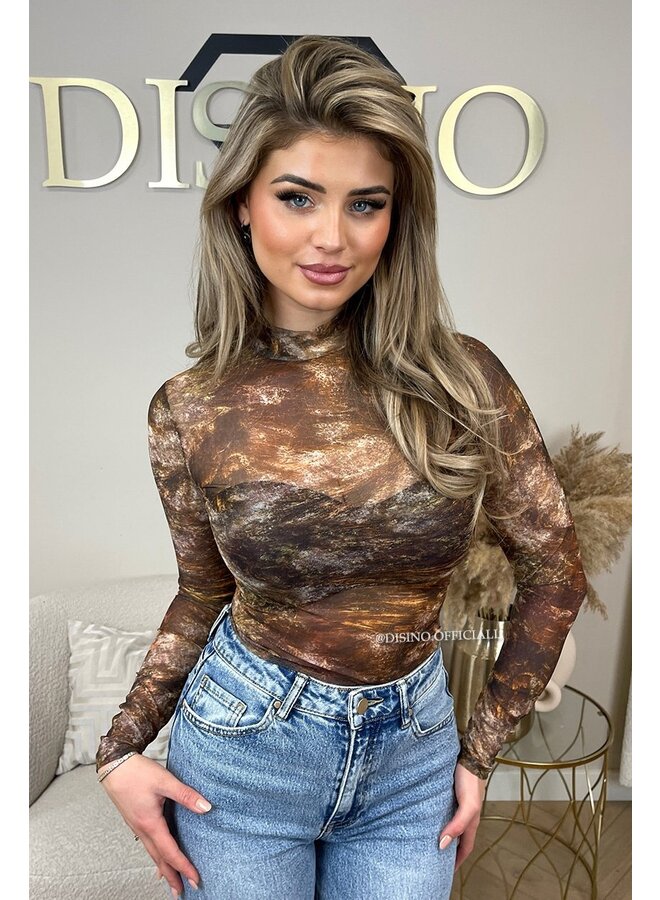 BROWN - 'RUSTIC BODY' - LONG SLEEVE MESH BODYSUIT