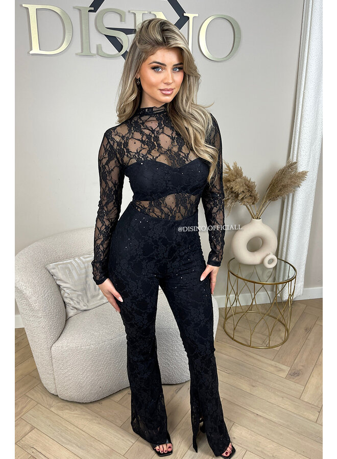 BLACK - 'OLIVIA SPARKLE SET' - STRETCH LACE & SPARKLE BODYSUIT + SPLIT FLARE