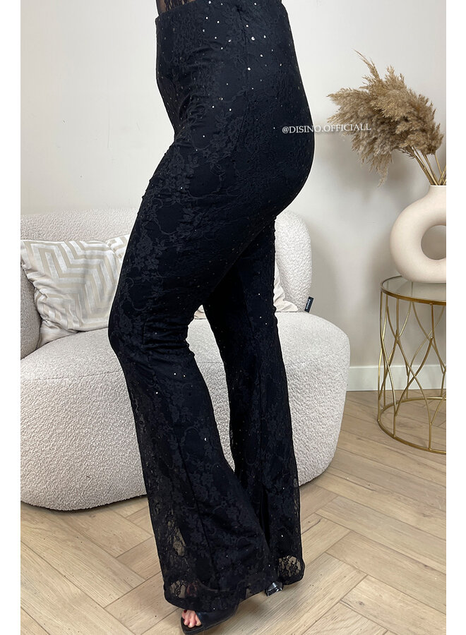 BLACK - 'OLIVIA SPARKLE SET' - STRETCH LACE & SPARKLE BODYSUIT + SPLIT FLARE