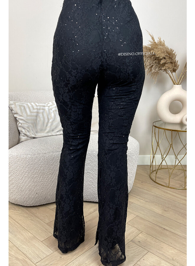 BLACK - 'OLIVIA SPARKLE SET' - STRETCH LACE & SPARKLE BODYSUIT + SPLIT FLARE