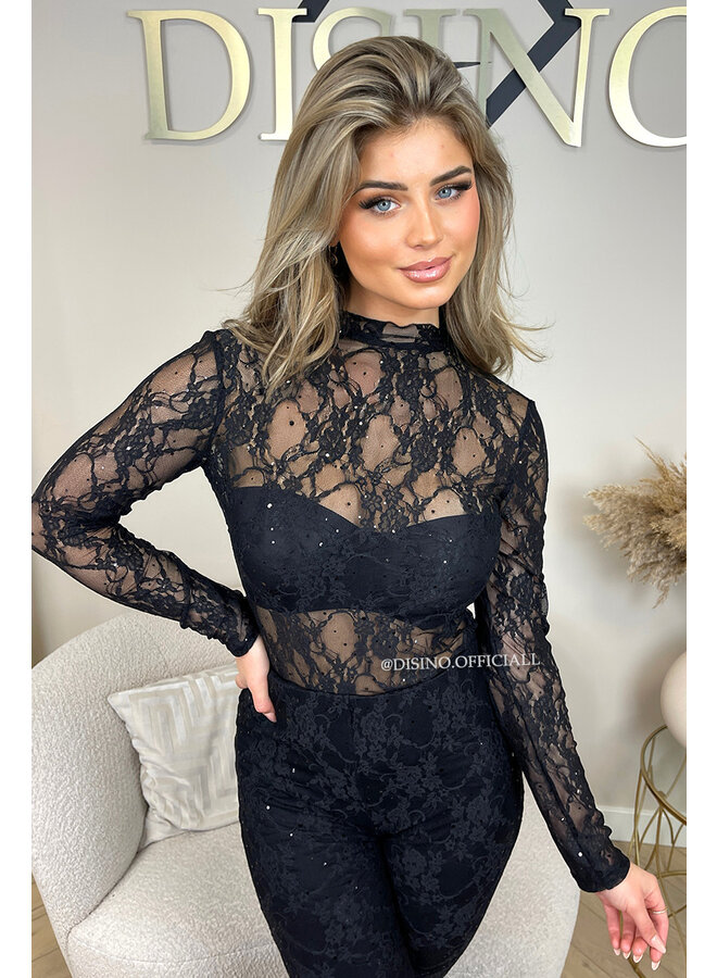 BLACK - 'OLIVIA SPARKLE SET' - STRETCH LACE & SPARKLE BODYSUIT + SPLIT FLARE