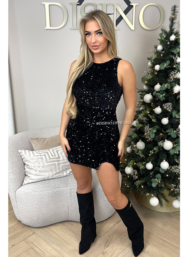 BLACK - 'LAYLA' - VELVET & APPLICATION OPEN BACK DRESS