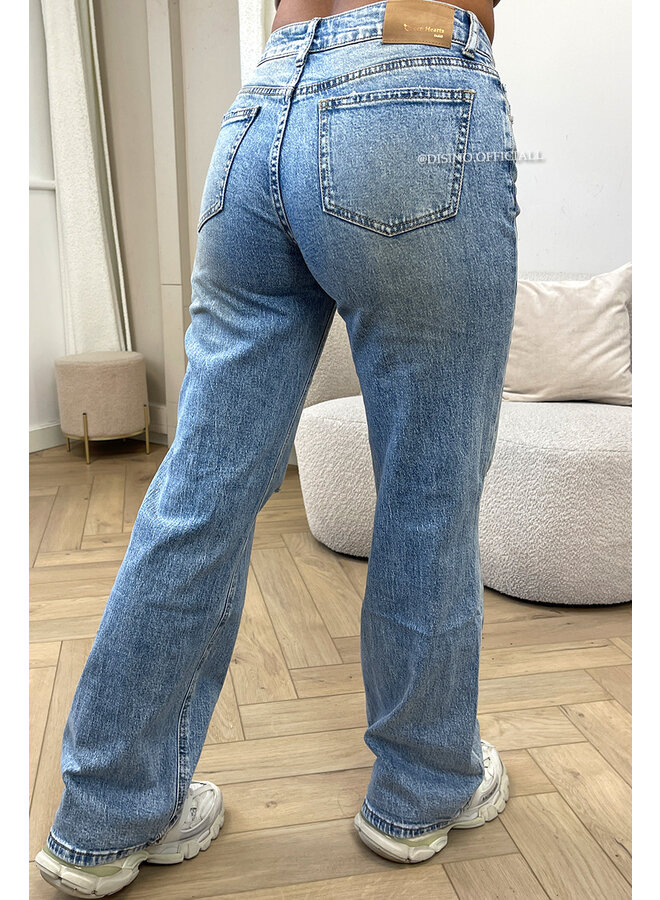 DIRTY BLUE - 'LONDON' - MEDIUM WAIST STRETCH RIPPED KNEE WIDE-LEG JEANS