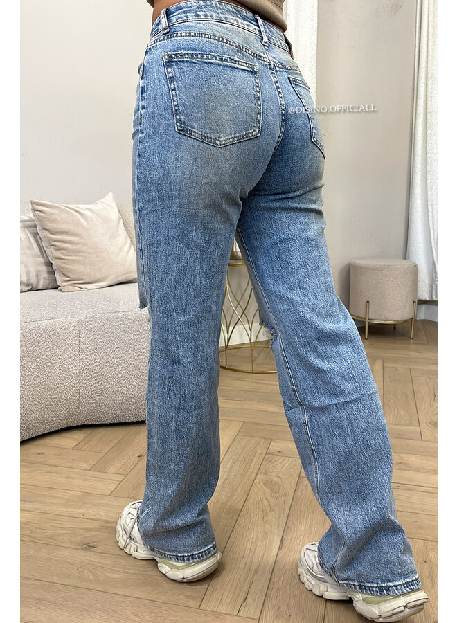 DIRTY BLUE - 'LONDON' - MEDIUM WAIST STRETCH RIPPED KNEE WIDE-LEG JEANS