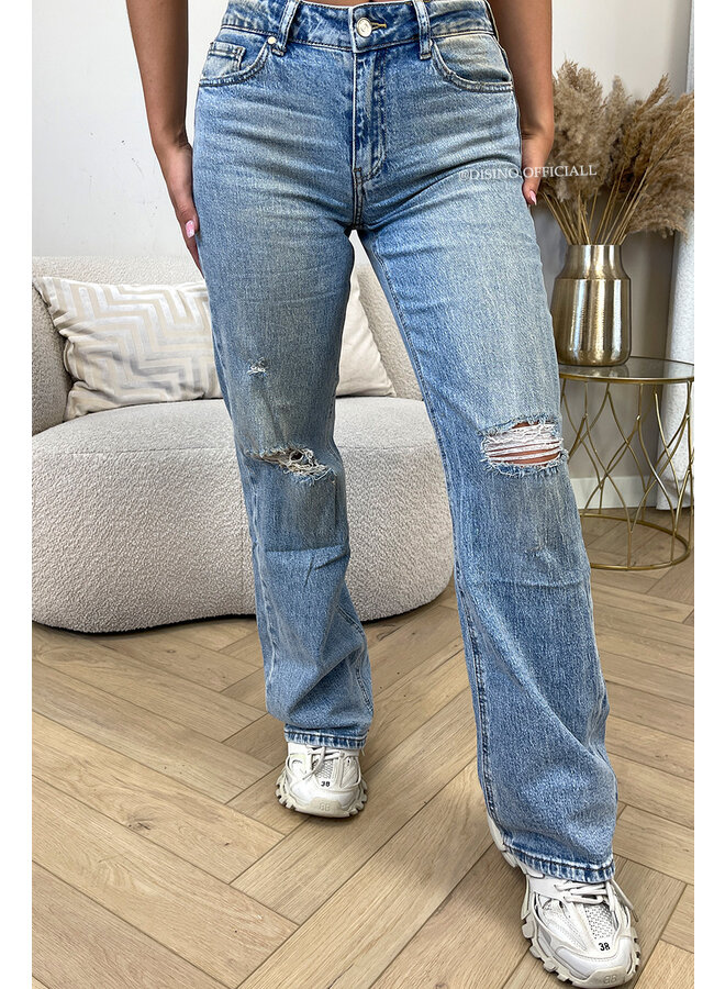 DIRTY BLUE - 'LONDON' - MEDIUM WAIST STRETCH RIPPED KNEE WIDE-LEG JEANS