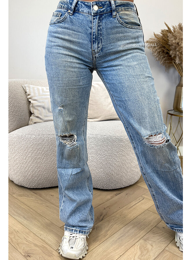 DIRTY BLUE - 'LONDON' - MEDIUM WAIST STRETCH RIPPED KNEE WIDE-LEG JEANS