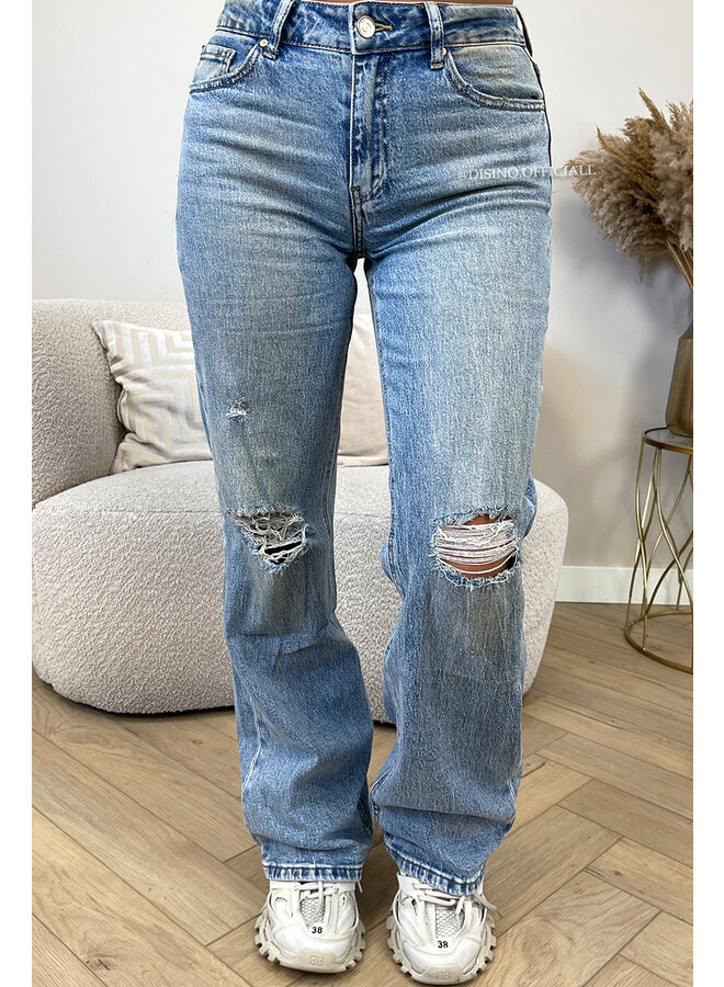 DIRTY BLUE - 'LONDON' - MEDIUM WAIST STRETCH RIPPED KNEE WIDE-LEG JEANS