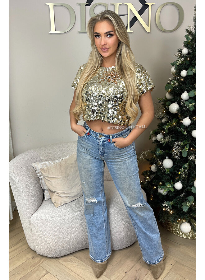 DIRTY BLUE - 'LONDON' - MEDIUM WAIST STRETCH RIPPED KNEE WIDE-LEG JEANS