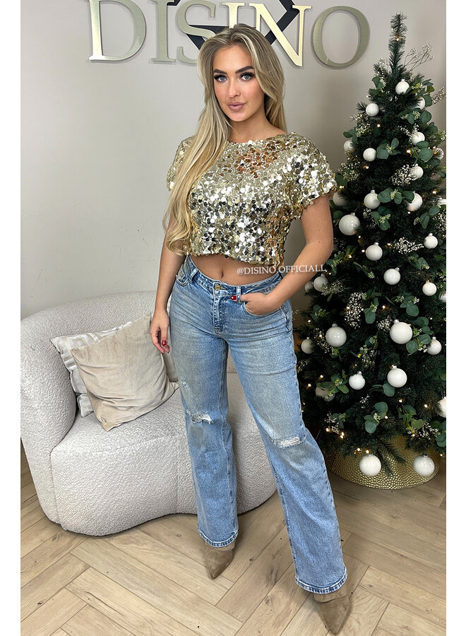 DIRTY BLUE - 'LONDON' - MEDIUM WAIST STRETCH RIPPED KNEE WIDE-LEG JEANS