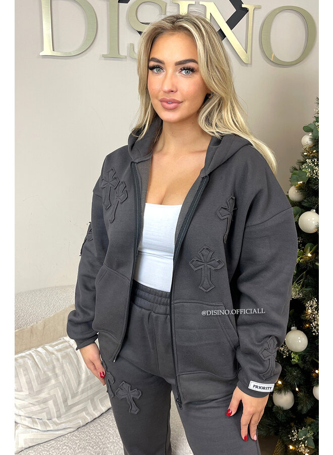 GREY - 'CROSS PATCHES TRACKSUIT' - PREMIUM QUALITY ZIPPER VEST + JOGGER SET