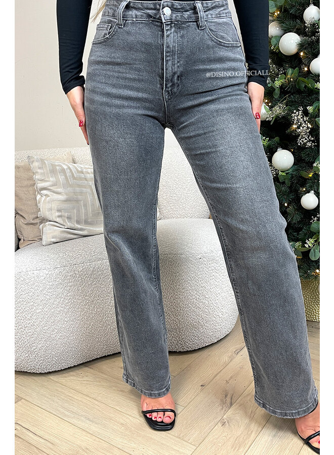 DARK GREY - 'SYDNEY RHINESTONE' - SUPER STRETCH VIRAL RIPPED BACK STRAIGHT LEG JEANS