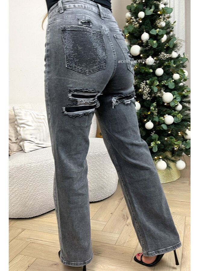 DARK GREY - 'SYDNEY RHINESTONE' - SUPER STRETCH VIRAL RIPPED BACK STRAIGHT LEG JEANS