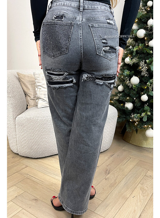 DARK GREY - 'SYDNEY RHINESTONE' - SUPER STRETCH VIRAL RIPPED BACK STRAIGHT LEG JEANS