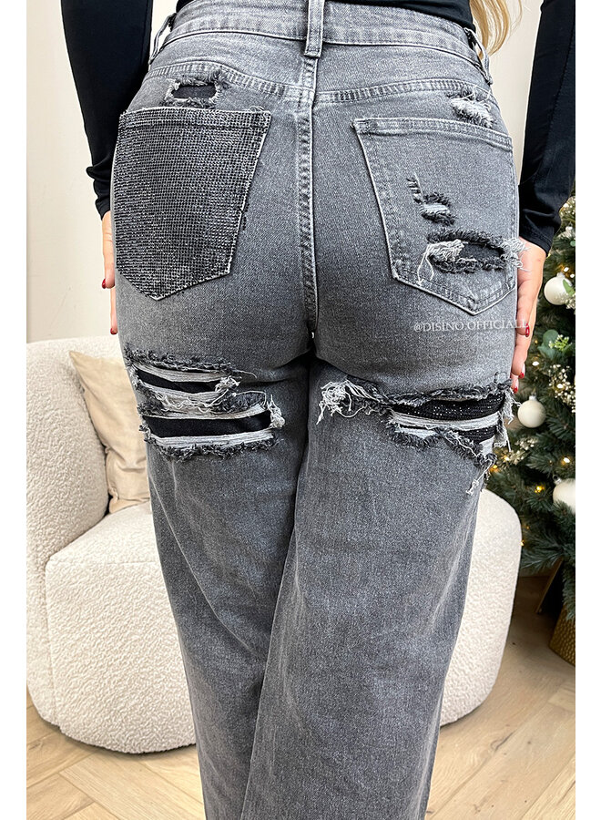 DARK GREY - 'SYDNEY RHINESTONE' - SUPER STRETCH VIRAL RIPPED BACK STRAIGHT LEG JEANS