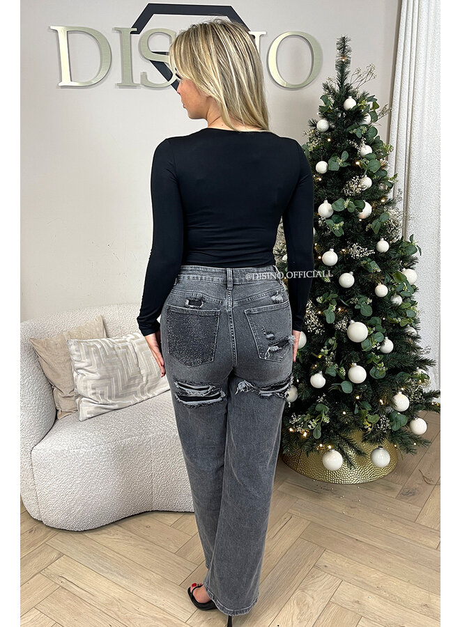 DARK GREY - 'SYDNEY RHINESTONE' - SUPER STRETCH VIRAL RIPPED BACK STRAIGHT LEG JEANS