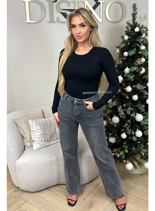 DARK GREY - 'SYDNEY RHINESTONE' - SUPER STRETCH VIRAL RIPPED BACK STRAIGHT LEG JEANS