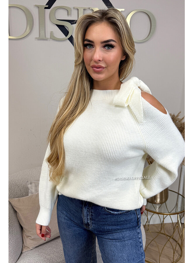 ECRU - 'GINNY' - OPEN SHOULDER BOW KNITTED SWEATER