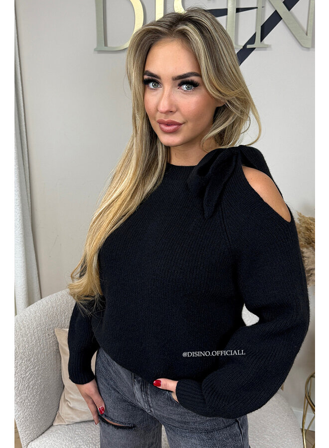 BLACK - 'GINNY' - OPEN SHOULDER BOW KNITTED SWEATER