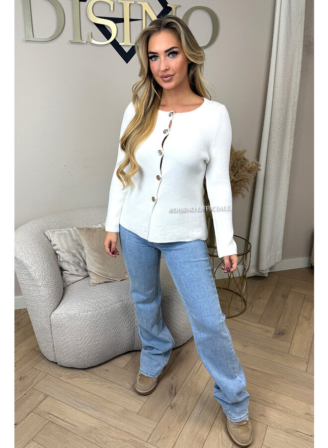 WHITE - 'MOIRA' - SUPER SOFT GOLD BUTTON KNITTED SWEATER