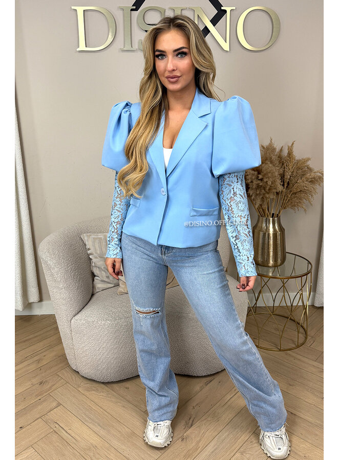 LIGHT BLUE - 'ALEXIS' - LACE SLEEVE PUFF SHOULDER BLAZER