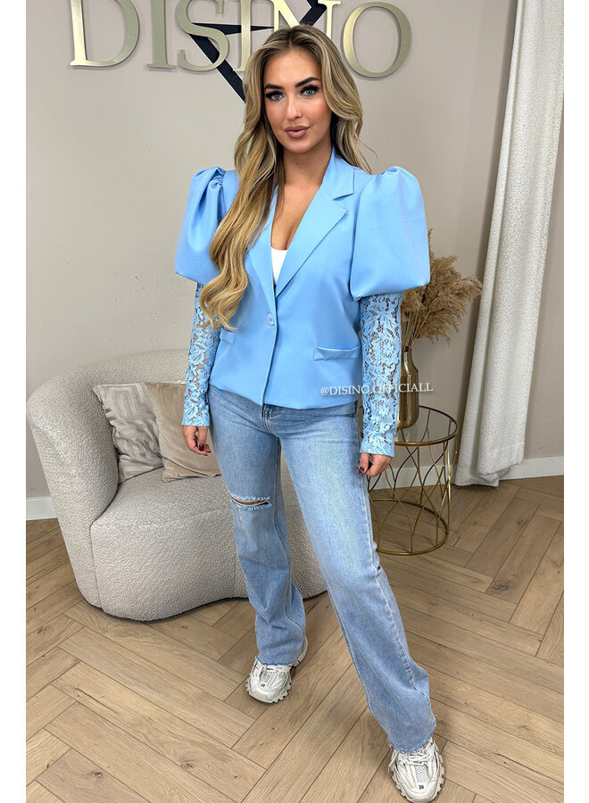 LIGHT BLUE - 'ALEXIS' - LACE SLEEVE PUFF SHOULDER BLAZER
