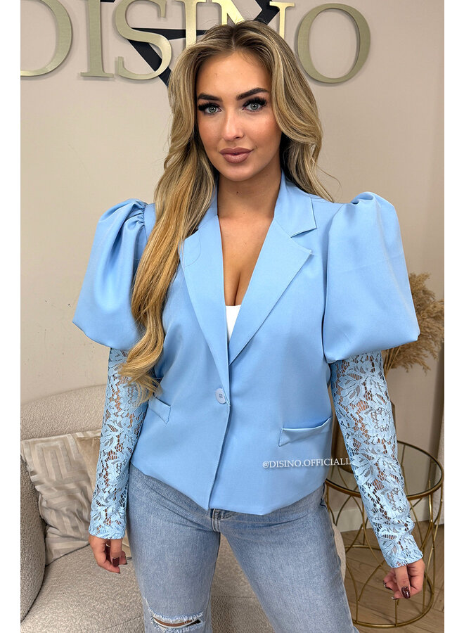LIGHT BLUE - 'ALEXIS' - LACE SLEEVE PUFF SHOULDER BLAZER
