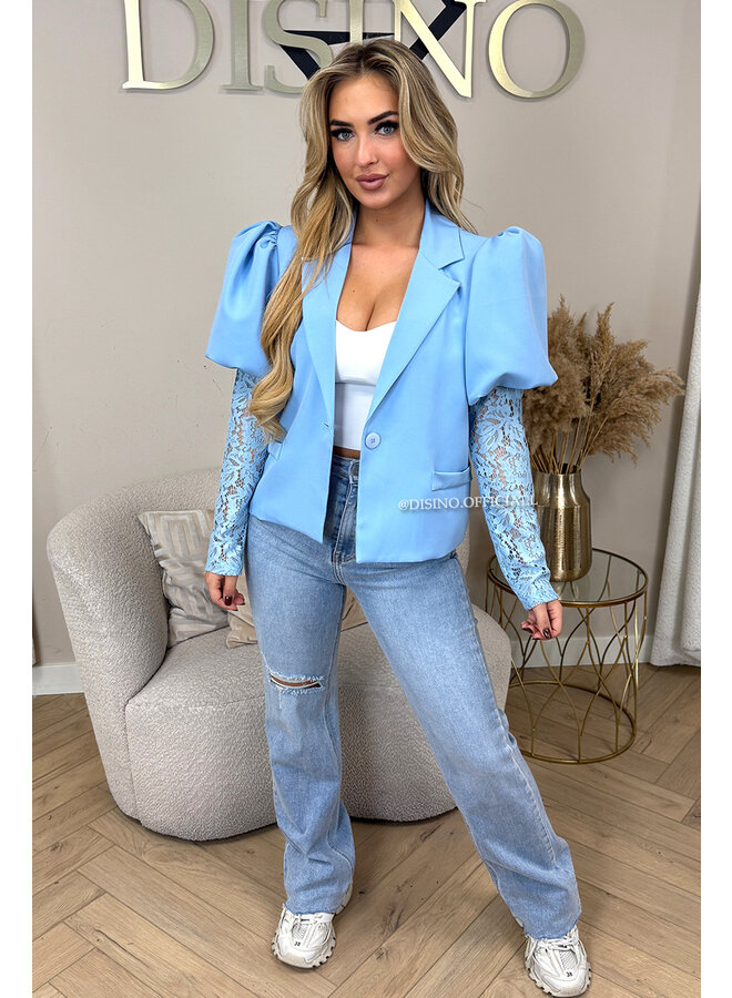 LIGHT BLUE - 'ALEXIS' - LACE SLEEVE PUFF SHOULDER BLAZER