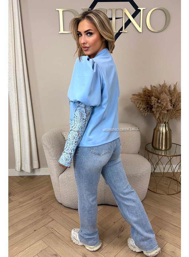 LIGHT BLUE - 'ALEXIS' - LACE SLEEVE PUFF SHOULDER BLAZER