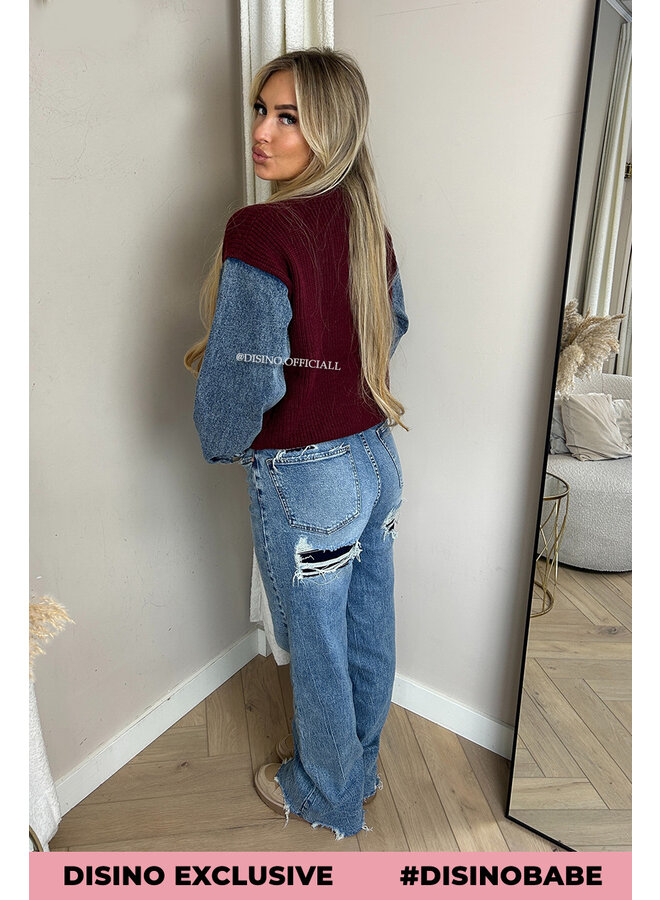 BORDEAUX - 'KHELANI KNIT' - DENIM SLEEVE OVERSIZED KNIT SWEATER
