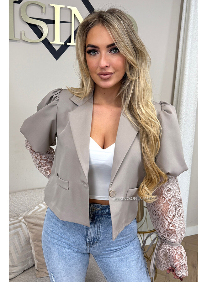 TAUPE - 'MAEVE BLAZER' - LACE SLEEVE PUFF SHOULDER BLAZER