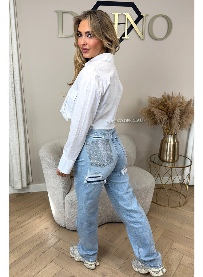 LIGHT BLUE - 'SYDNEY RHINESTONE' - STRETCH VIRAL RIPPED BACK STRAIGHT LEG JEANS
