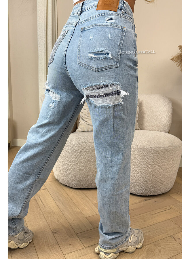 LIGHT BLUE - 'SYDNEY RHINESTONE' - STRETCH VIRAL RIPPED BACK STRAIGHT LEG JEANS