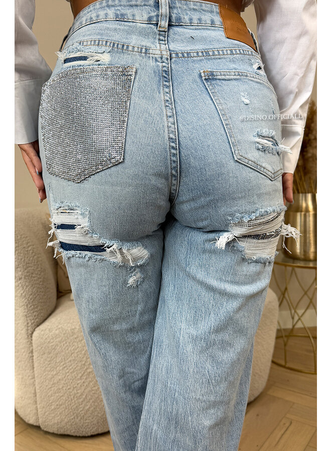 LIGHT BLUE - 'SYDNEY RHINESTONE' - STRETCH VIRAL RIPPED BACK STRAIGHT LEG JEANS