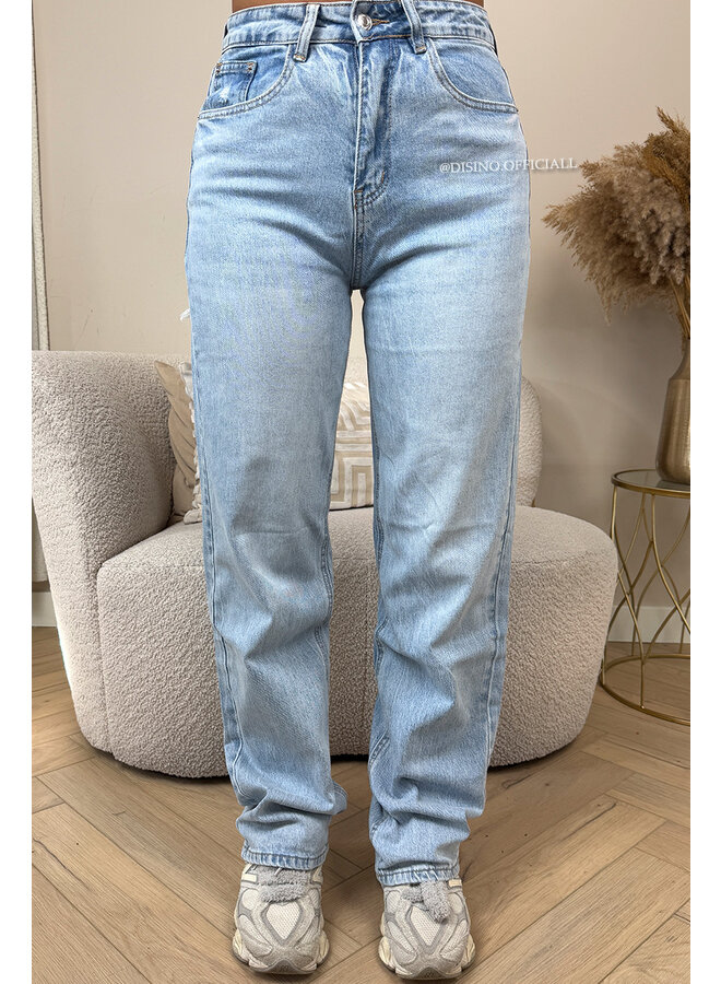 LIGHT BLUE - 'SYDNEY RHINESTONE' - STRETCH VIRAL RIPPED BACK STRAIGHT LEG JEANS