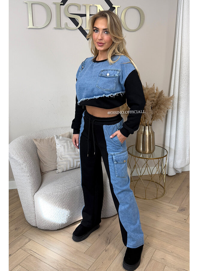BLACK - 'PIPER SET' - PREMIUM QUALITY HALF DENIM TRACKSUIT