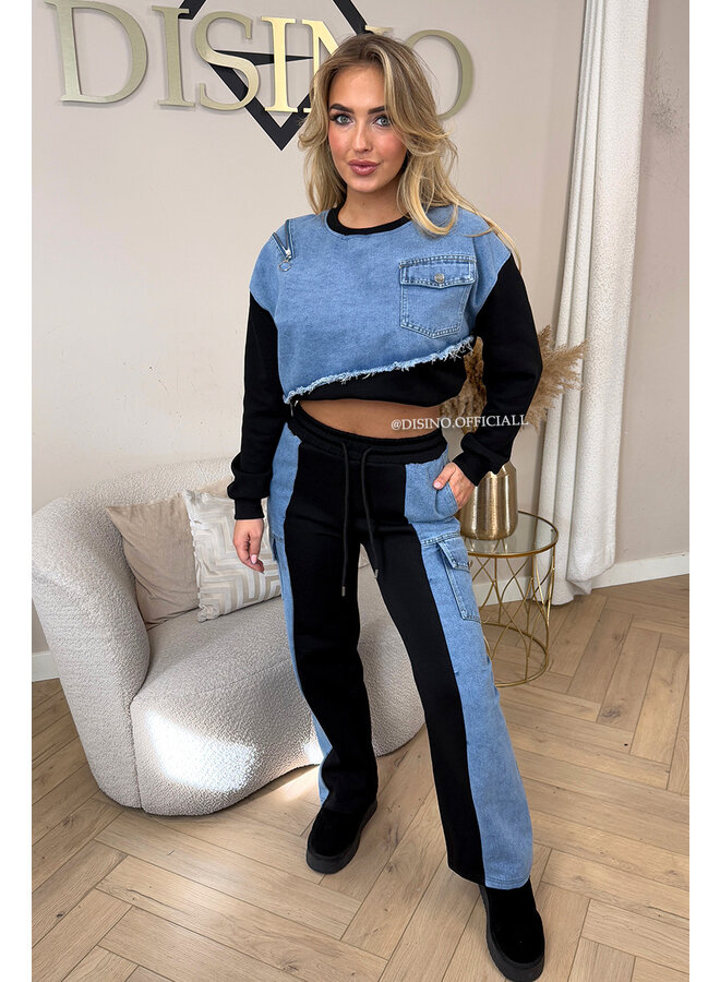 BLACK - 'PIPER SET' - PREMIUM QUALITY HALF DENIM TRACKSUIT