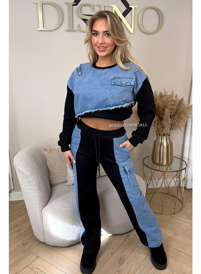 BLACK - 'PIPER SET' - PREMIUM QUALITY HALF DENIM TRACKSUIT