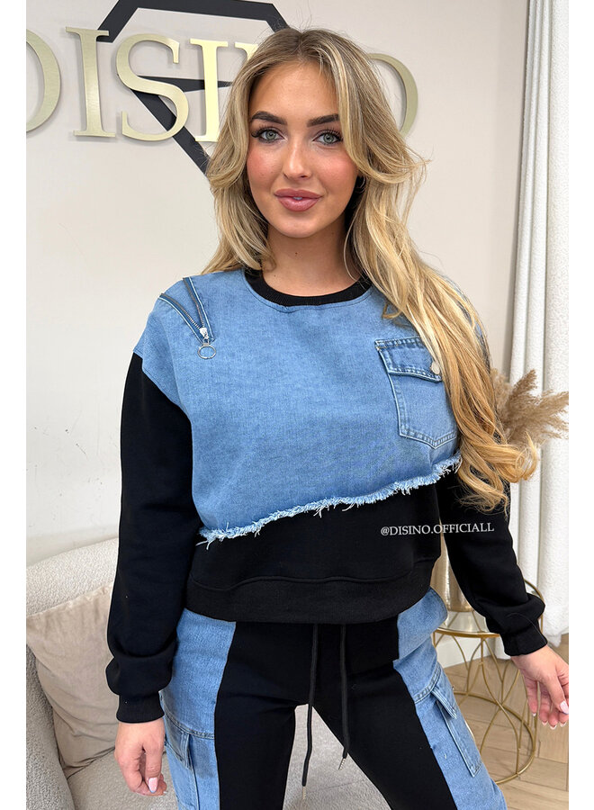BLACK - 'PIPER SET' - PREMIUM QUALITY HALF DENIM TRACKSUIT