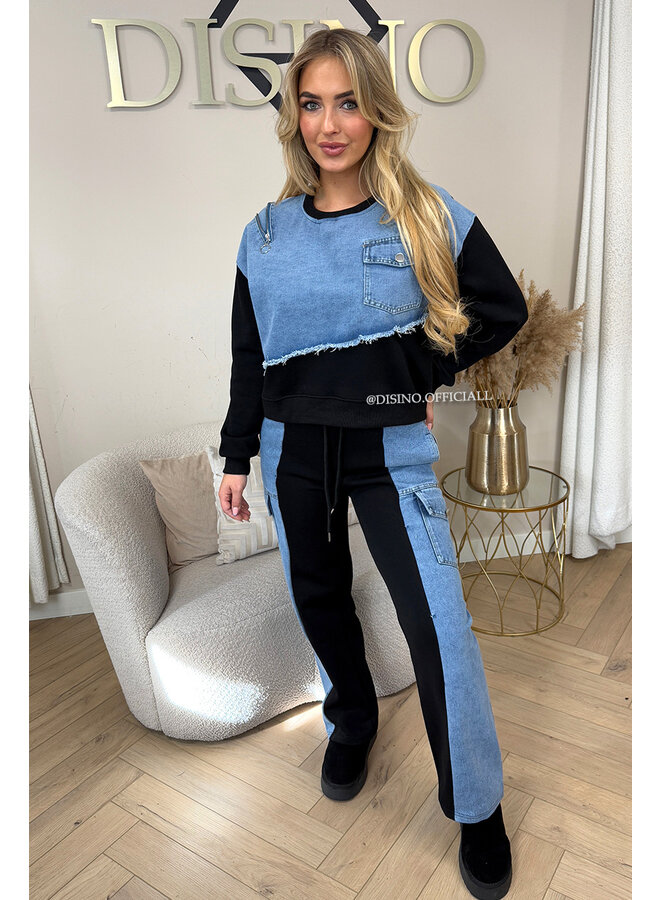 BLACK - 'PIPER SET' - PREMIUM QUALITY HALF DENIM TRACKSUIT