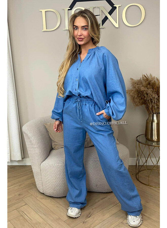 LIGHT BLUE - 'PIPPA SET' - DENIM LOOK COMFY PANTS + BLOUSE SET
