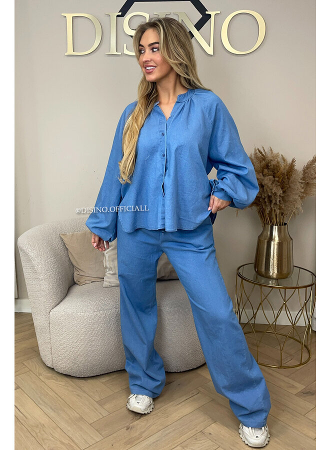 LIGHT BLUE - 'PIPPA SET' - DENIM LOOK COMFY PANTS + BLOUSE SET