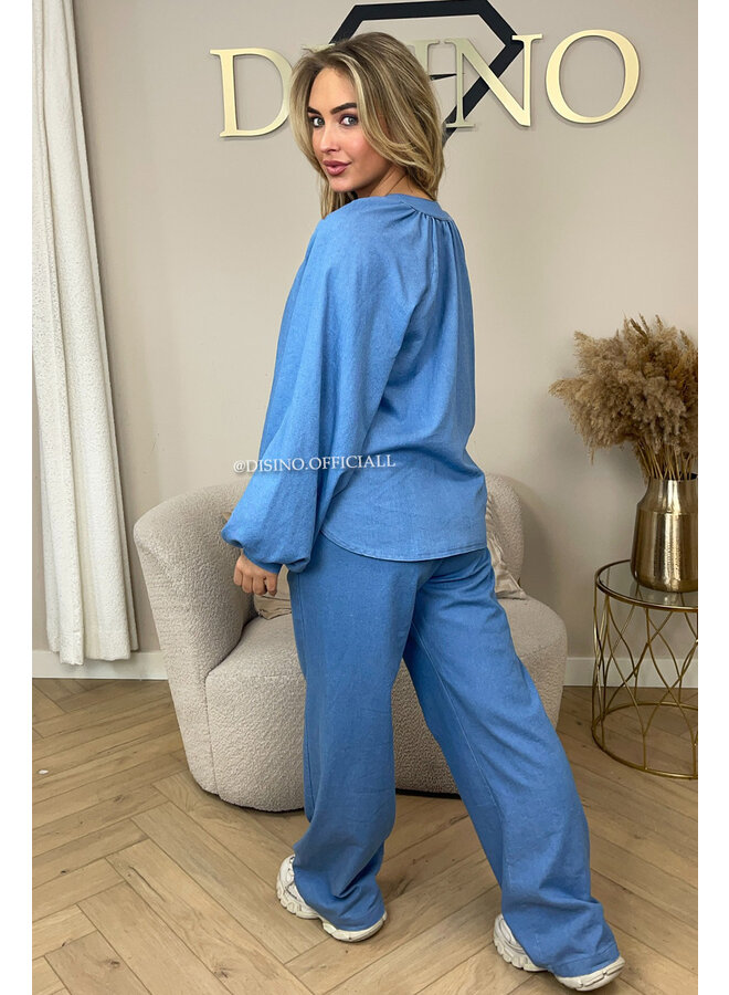 LIGHT BLUE - 'PIPPA SET' - DENIM LOOK COMFY PANTS + BLOUSE SET