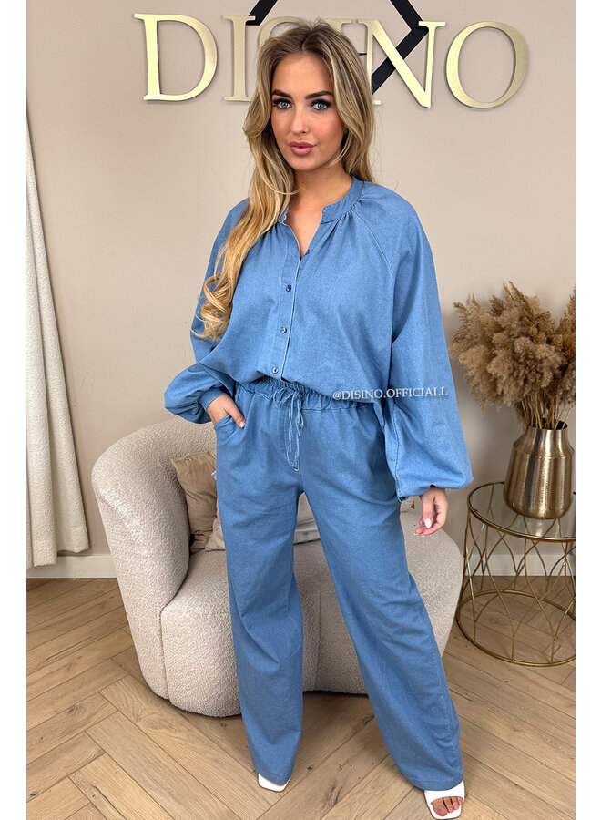 LIGHT BLUE - 'PIPPA SET' - DENIM LOOK COMFY PANTS + BLOUSE SET