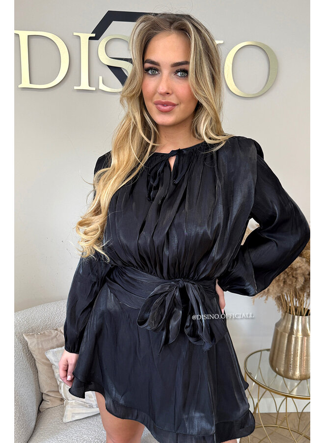 BLACK - 'JADE DRESS' -  LONG SLEEVE SILKY SATIN DRESS